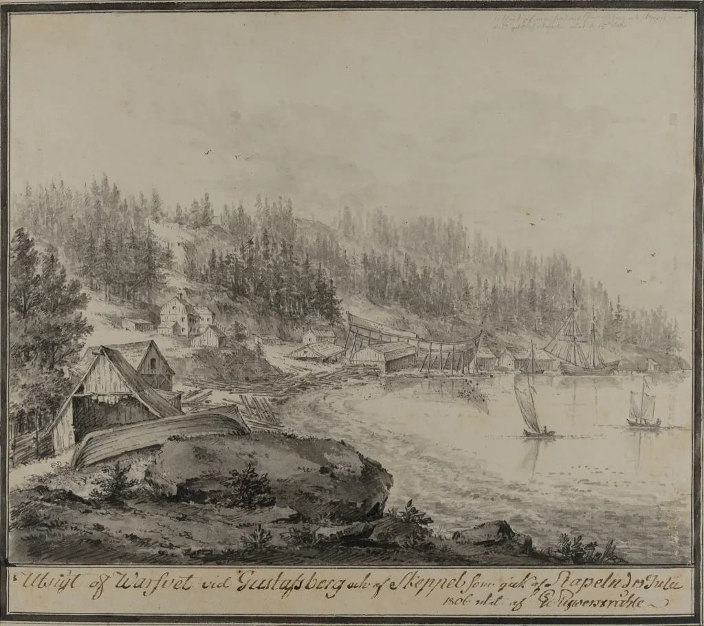 Teckning över Gustafsberg, gjord av Gustaf Silfverstråhle, 1806.